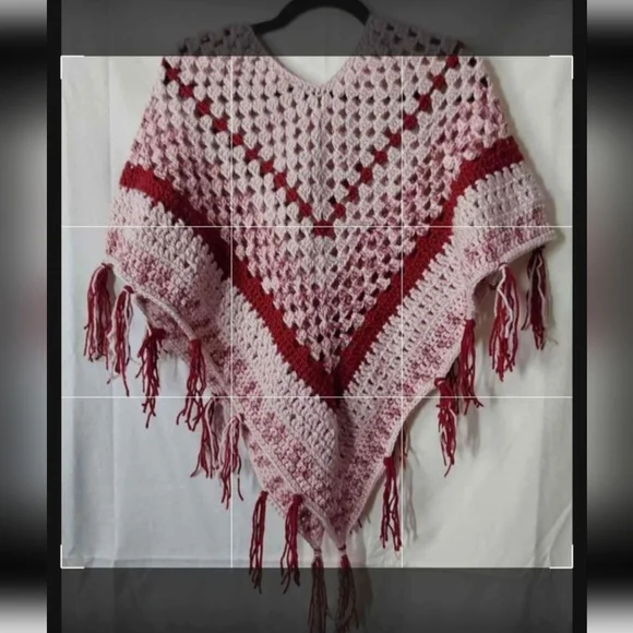 Crochet Poncho, Girl's size Large Pink and Red Colors Handmade Crochet Poncho - Picture 4 of 7